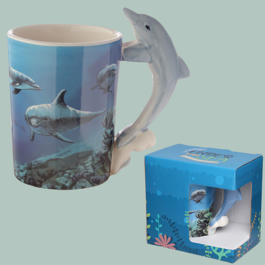 Ceramic Sea Life Printed Mug with Dolphin Handle Nature Lover Gift Present For Dolphin Lover Cute Mug Ideal Christmas Present Birthday Gift