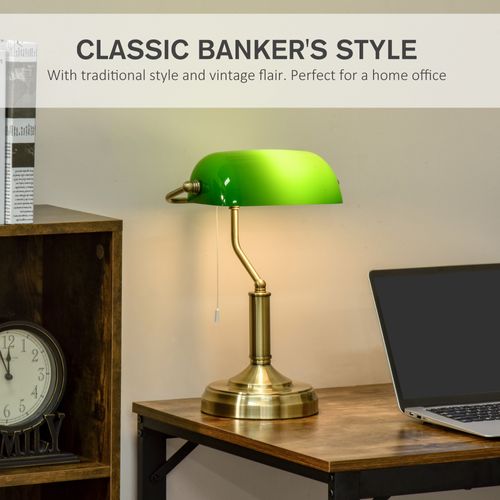 Banker's Table Lamp Desk Lamp With Antique Bronze Base, Pull Rope And Glass Shade