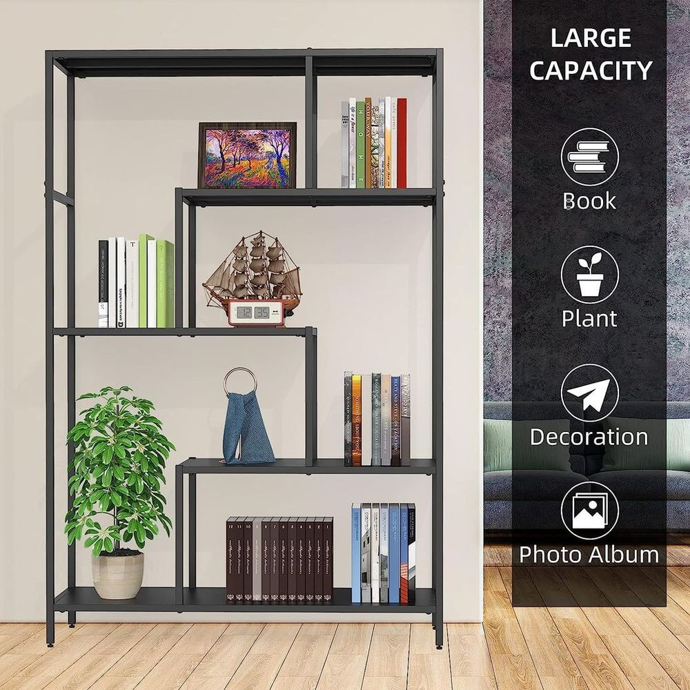 5-Tier Metal Industrial Bookshelf - Rustic Black Display Shelves | Sturdy & Stylish | Ideal for Living Room, Bedroom, Office & More