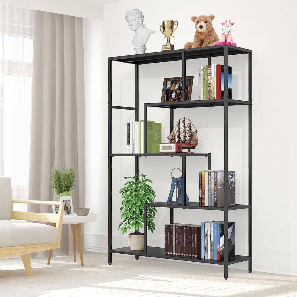 5-Tier Metal Industrial Bookshelf - Rustic Black Display Shelves | Sturdy & Stylish | Ideal for Living Room, Bedroom, Office & More