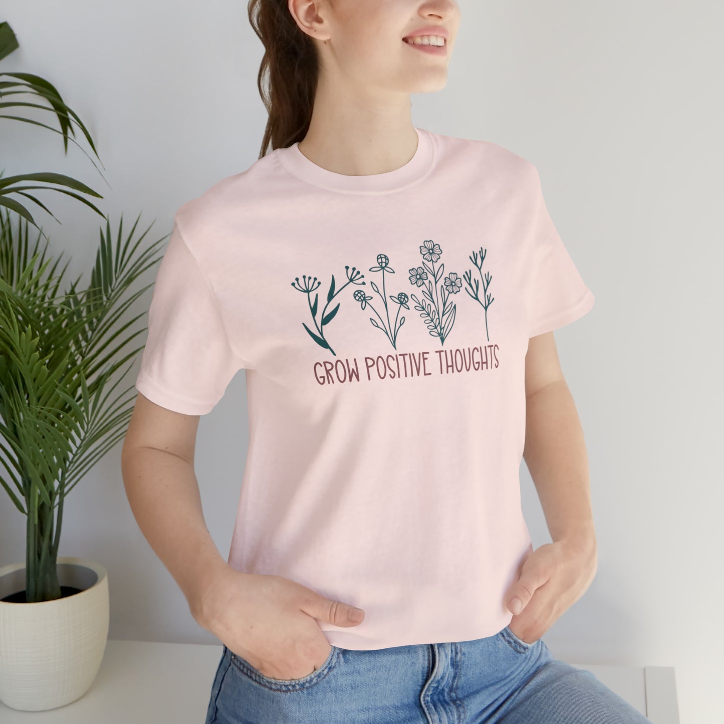 Wildflowers Graphic T-Shirt for Women | Grow Positive Thoughts Top | graphic wildflower tshirt | Hiking Outdoor Camping Botanical Tee |