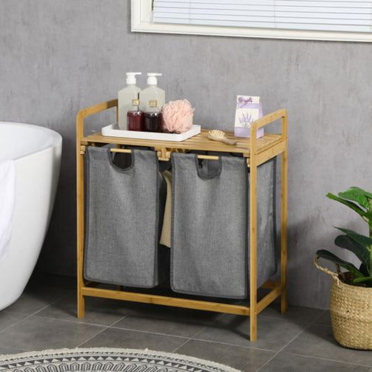 Bamboo Laundry Basket Shelf Unit, 2 Washable Laundry Bags, Utility Room Furniture, Bathroom Furniture, Laundry Organiser