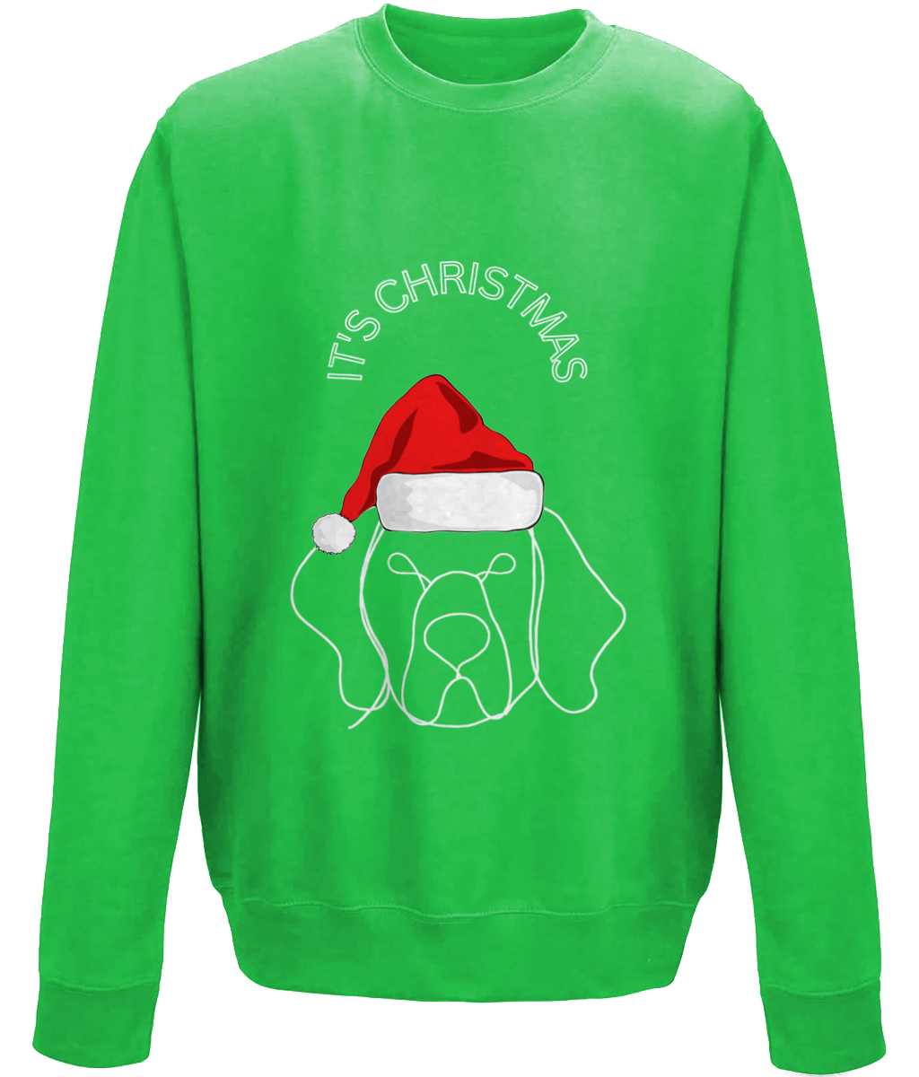 Cute Christmas Sweatshirt With A Line Art Dog Wearing a Bright Red Hat