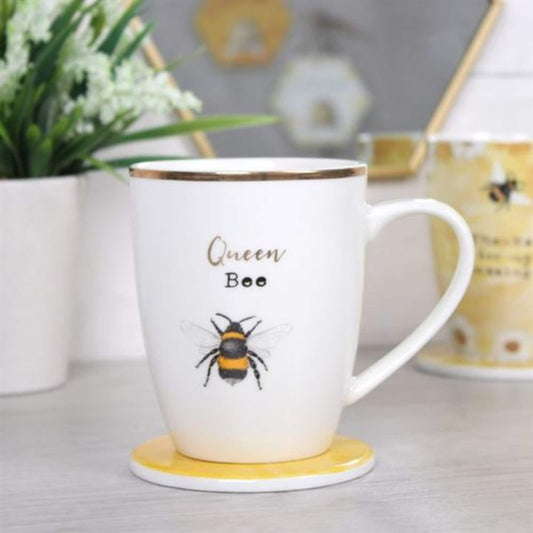 Queen Bee Mug And Coaster Set, Bee Lover Mug With Coaster, Bee Keeper Cup And Coaster Set, Fun Gift Set