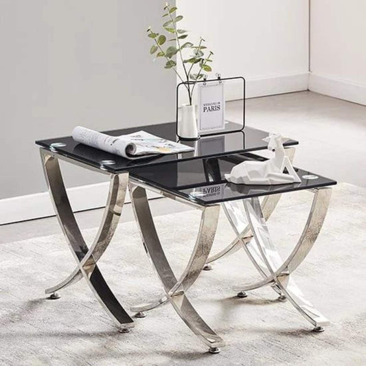 Two Glass Nesting Tables, Minimalist Design, Black Tempered Glass Surface, Living Room Furniture, Elegant Nesting Tables