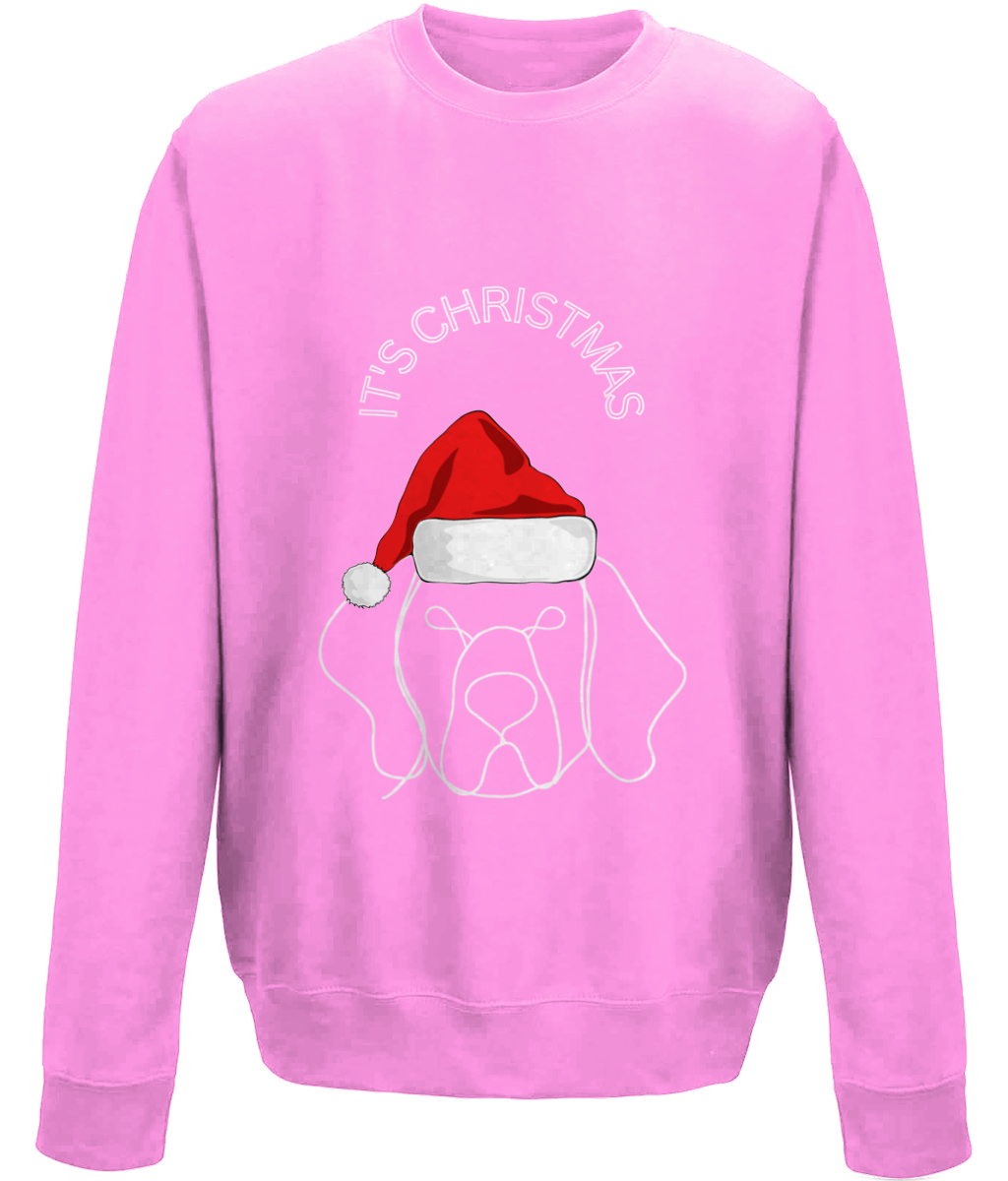 Cute Christmas Sweatshirt With A Line Art Dog Wearing a Bright Red Hat