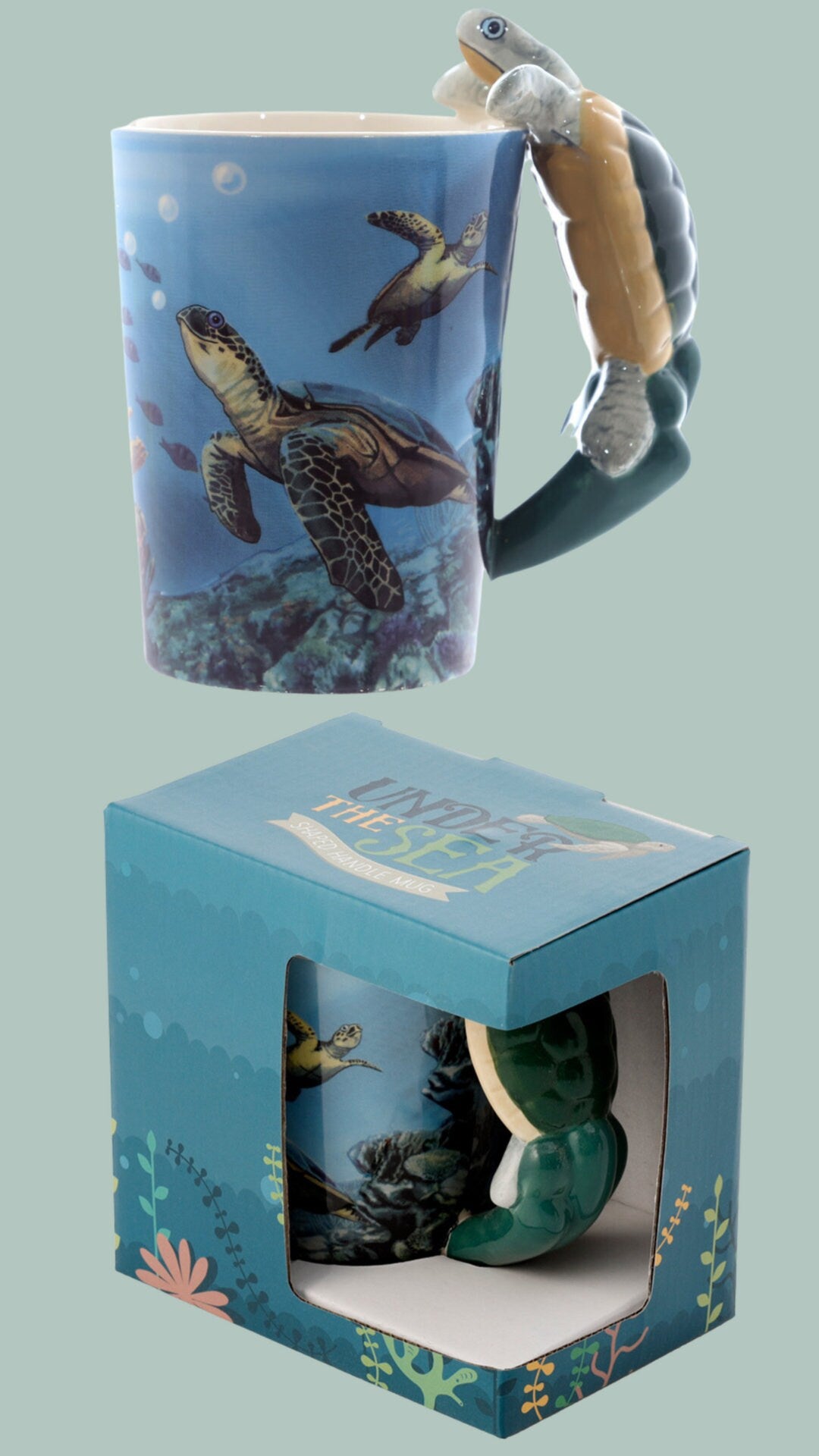 Cute Turtle Handle Mug with Sealife Design Nature Lover Gift Present For Turtle Lover Cute Mug Christmas Present Fun Turtle Coffee Mug Gift