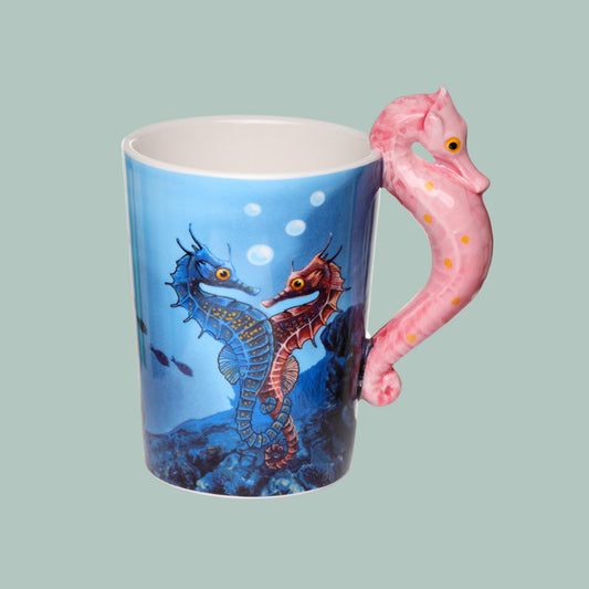 Novelty Seahorse Handle Mug with Sealife Design Nature Lover Gift Sea Horse Lover Present Cute Cup Christmas Present Fun Seahorse Coffee Mug